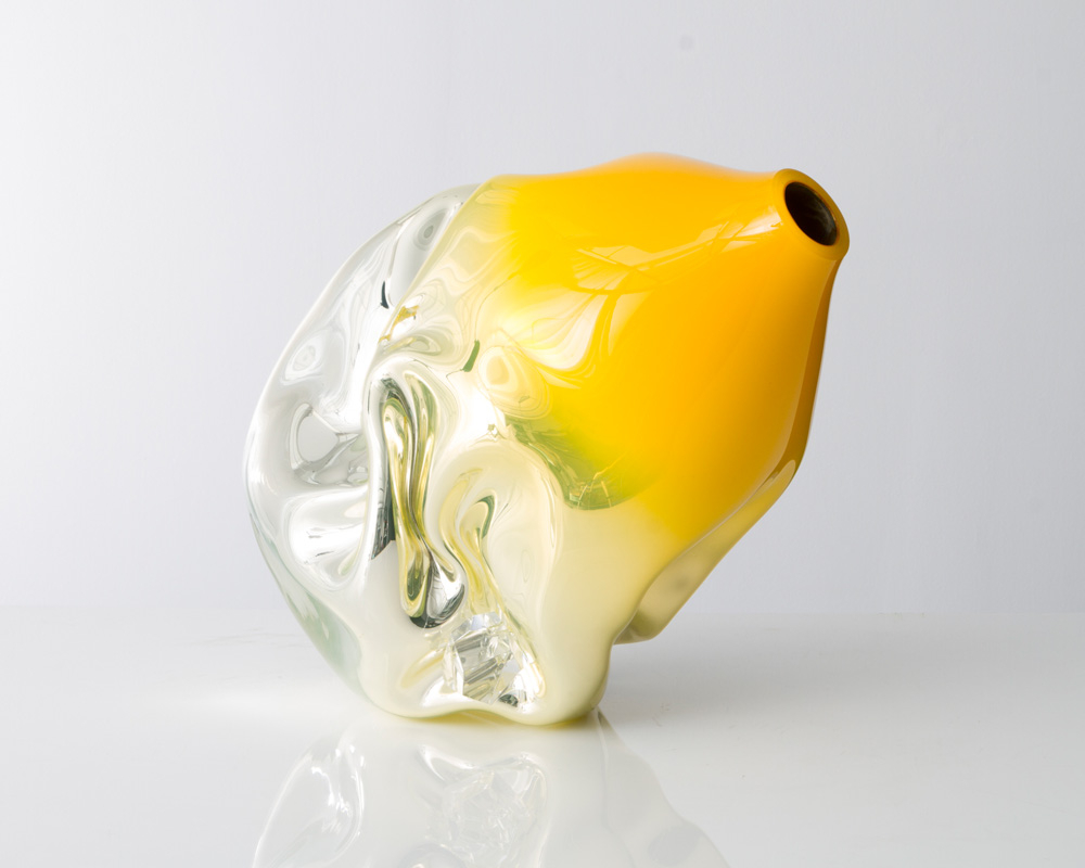 Jeff Zimmerman; Unique crumpled sculptural vessel in mirrorized yellow hand-blown glass with glass gems, 2014: Glass; Photo: Joe Kramm for R & Company
